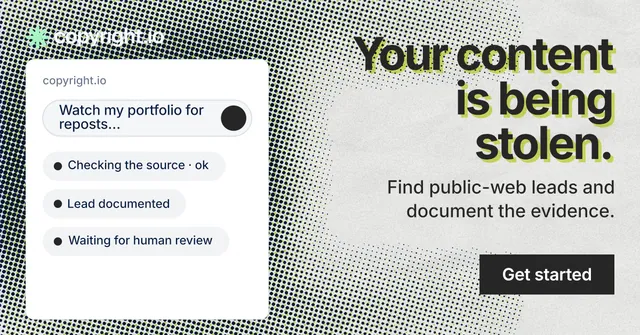 Social ad for copyright.io: "Your content is being stolen." Swiss style, right layout, light palette in white, grey.