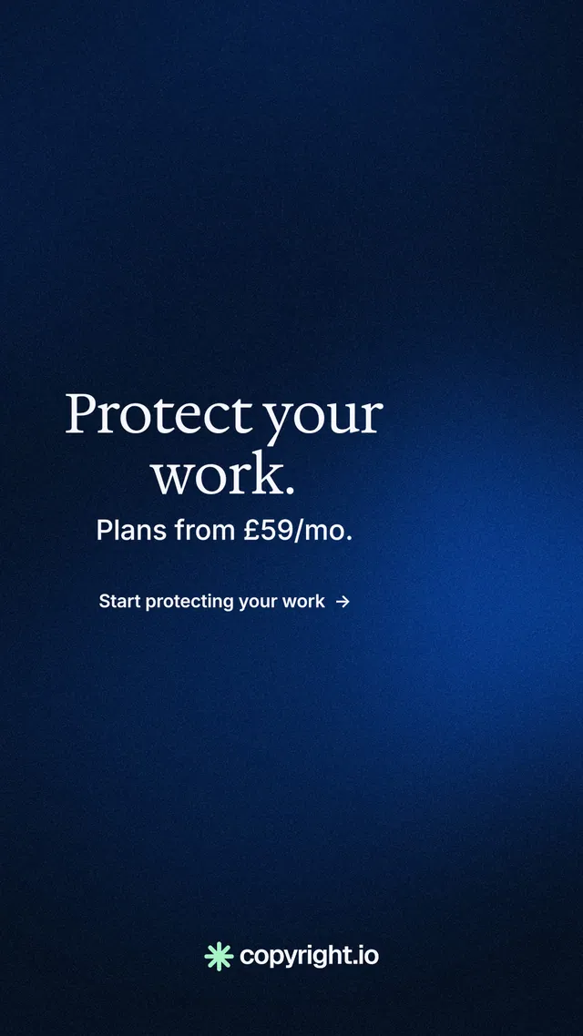 Instagram story for copyright.io: "Protect your work." Minimal luxury style, skeleton layout, dark palette in blue, black.