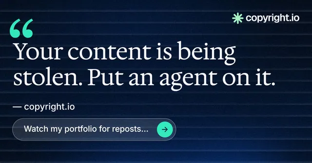 Social ad for copyright.io: "Reposts don't remove themselves." Agentic glass style, quote layout, dark palette in blue, black.