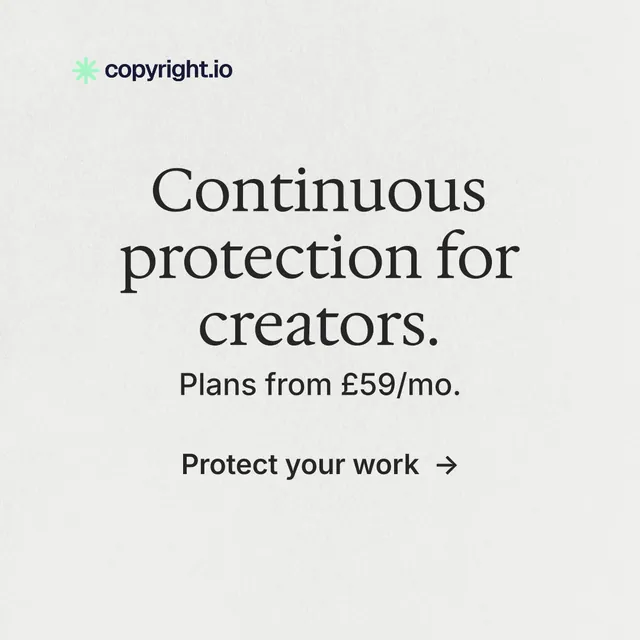 Instagram post for copyright.io: "Continuous protection for creators." Minimal luxury style, skeleton layout, light palette in white, grey.