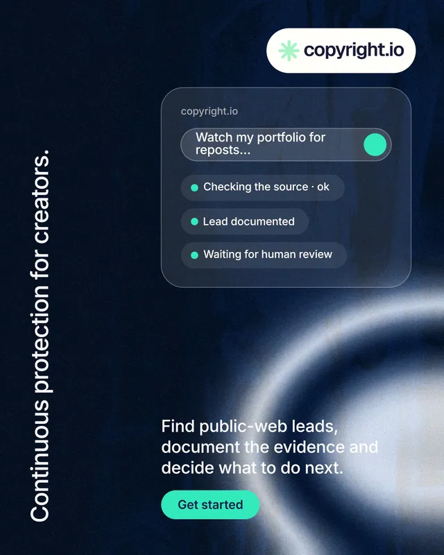 Instagram portrait post for copyright.io: "Continuous protection for creators." Y2K style, vertical layout, dark palette in blue, black, grey.