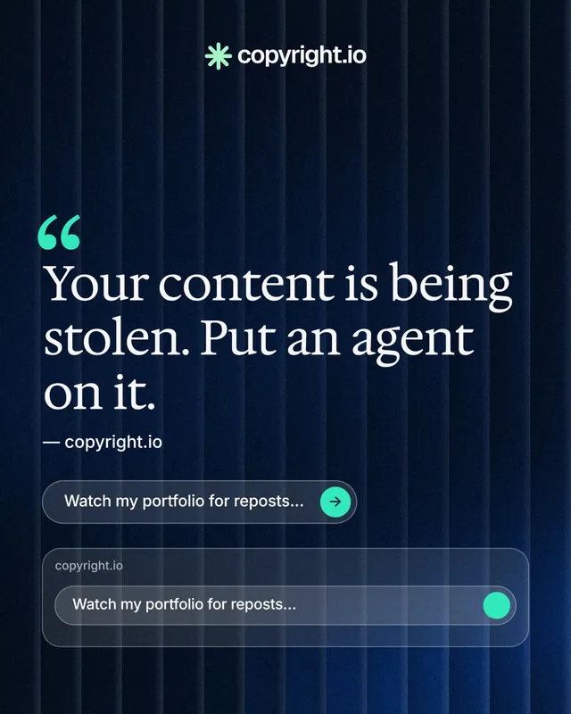 Instagram portrait post for copyright.io: "See the plan first." Agentic glass style, quote layout, dark palette in black, blue, grey.