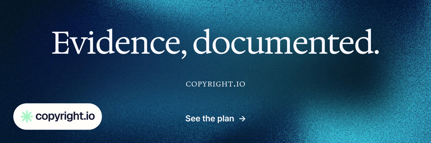 X header for copyright.io: "Evidence, documented." Agentic glass style, smallcaps layout, dark palette in blue.