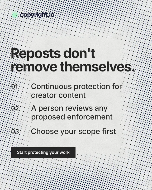 Instagram portrait post for copyright.io: "Reposts don't remove themselves." Swiss style, numbered layout, light palette in white, grey.