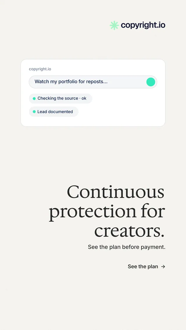 Instagram story for copyright.io: "Continuous protection for creators." Minimal luxury style, right layout, light palette in white.