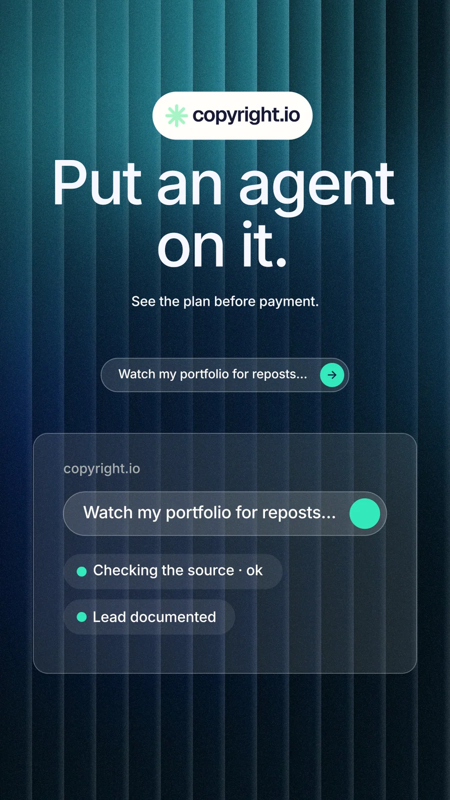 Instagram story for copyright.io: "Put an agent on it." Agentic glass style, centred layout, dark palette in blue, black, teal.