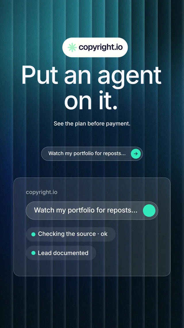 Instagram story for copyright.io: "Put an agent on it." Agentic glass style, centred layout, dark palette in blue, black, teal.