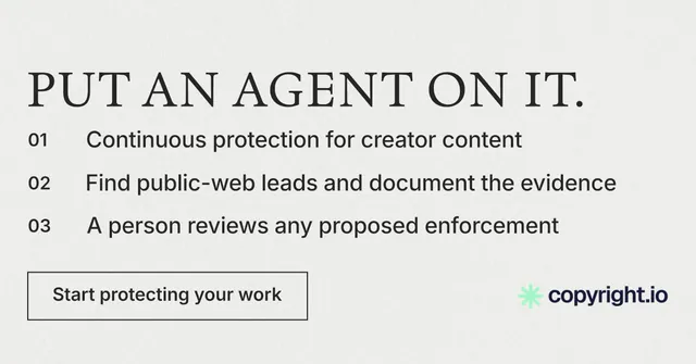 Social ad for copyright.io: "Put an agent on it." Editorial style, numbered layout, light palette in white.
