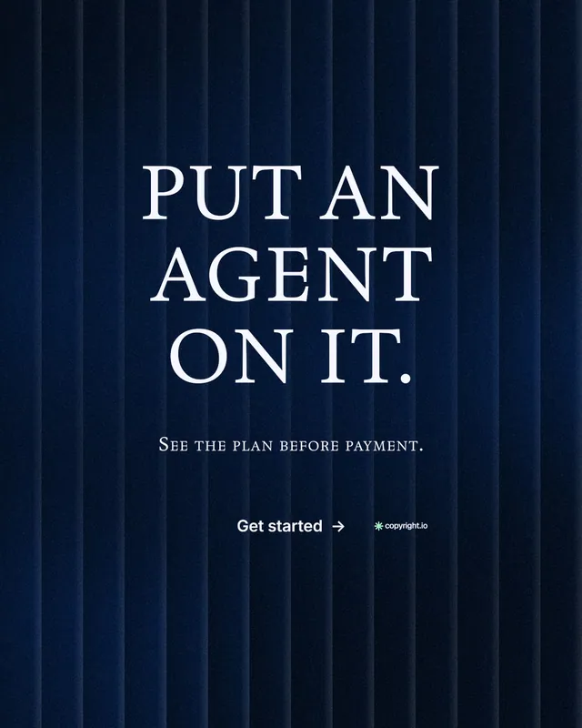 Instagram portrait post for copyright.io: "Put an agent on it." Minimal luxury style, smallcaps layout, dark palette in black, blue.