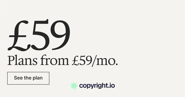 Social ad for copyright.io: "Evidence, documented." Editorial style, stat layout, light palette in white, grey.