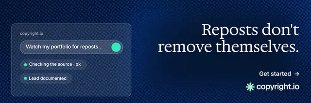 X header for copyright.io: "Reposts don't remove themselves." Minimal luxury style, right layout, dark palette in blue, black.