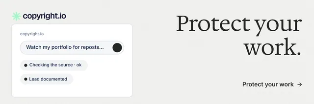 X header for copyright.io: "Protect your work." Minimal luxury style, right layout, light palette in white.