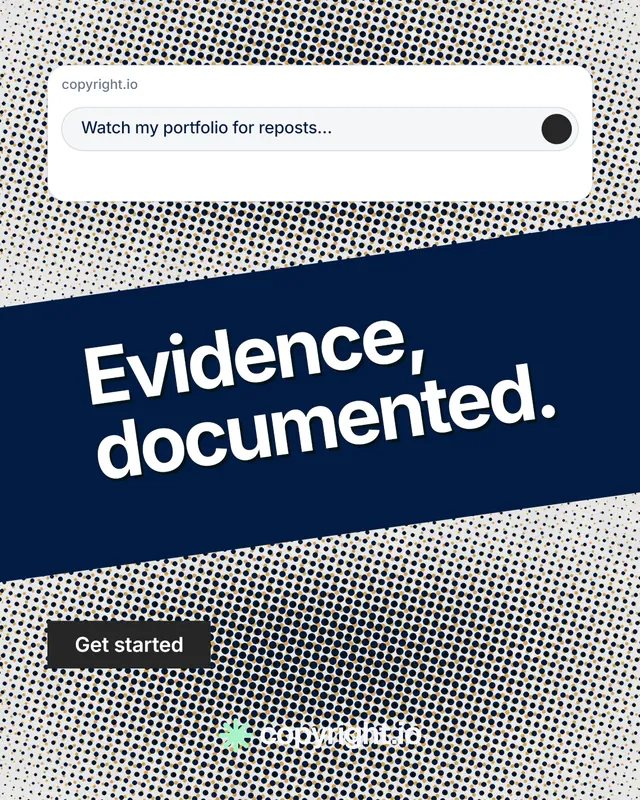 Instagram portrait post for copyright.io: "Evidence, documented." Swiss style, diagonal layout, light palette in grey, blue, white.