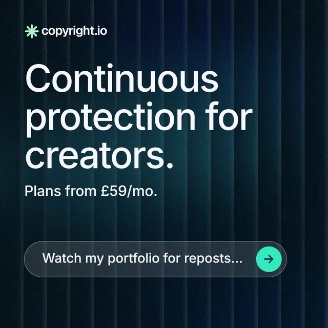 Instagram post for copyright.io: "Continuous protection for creators." Agentic glass style, skeleton layout, dark palette in black, blue, grey.