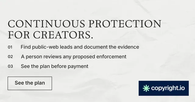 Social ad for copyright.io: "Continuous protection for creators." Editorial style, numbered layout, light palette in white, grey.