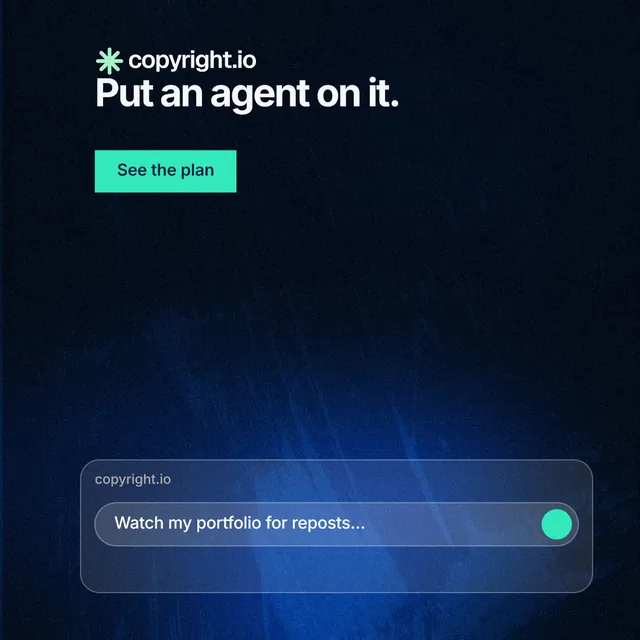 Instagram post for copyright.io: "Put an agent on it." Swiss style, skeleton layout, dark palette in black, blue.