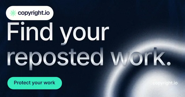 Social ad for copyright.io: "Find your reposted work." Y2K style, poster layout, dark palette in black, teal, blue.