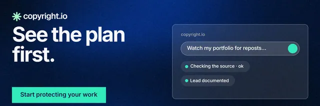 X header for copyright.io: "See the plan first." Swiss style, bottom layout, dark palette in blue, black, teal.