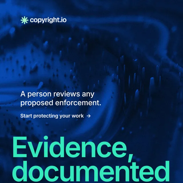Instagram post for copyright.io: "Reposts don't remove themselves." Minimal luxury style, oversized layout, dark palette in blue, black.