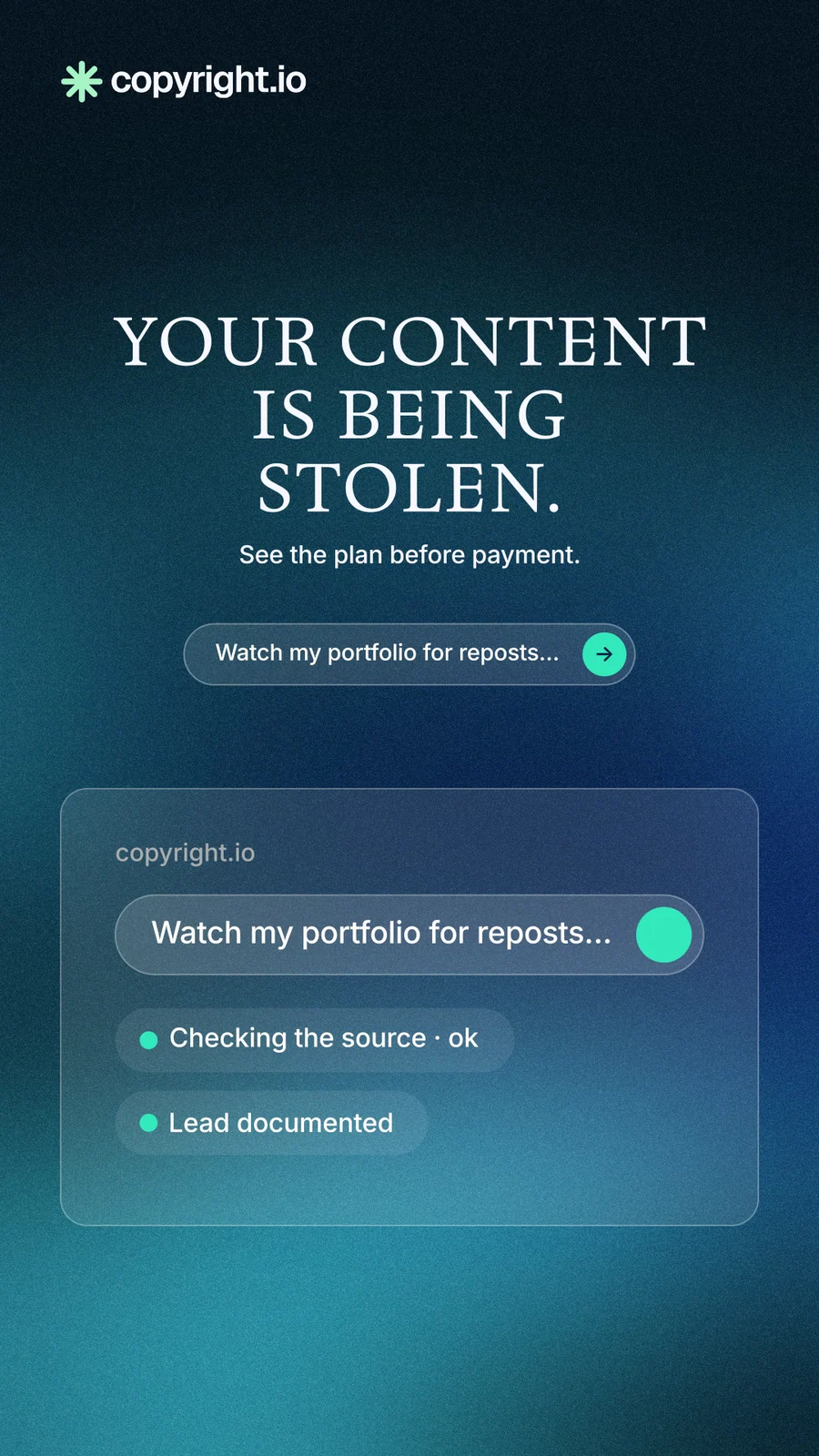 Instagram story for copyright.io: "Your content is being stolen." Agentic glass style, centred layout, dark palette in blue, black, teal.
