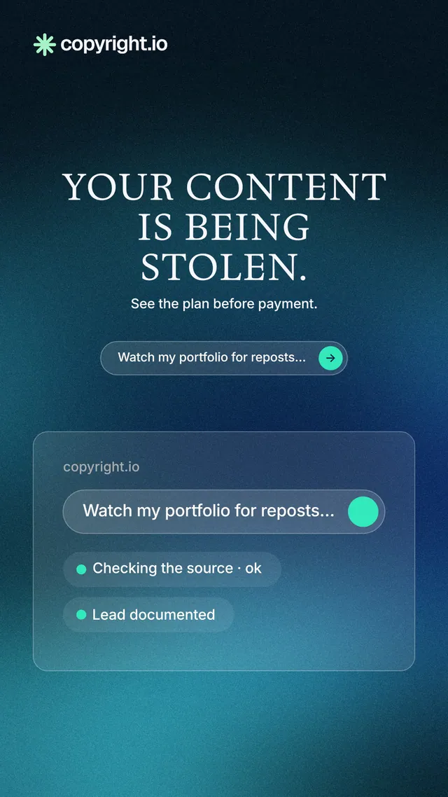 Instagram story for copyright.io: "Your content is being stolen." Agentic glass style, centred layout, dark palette in blue, black, teal.