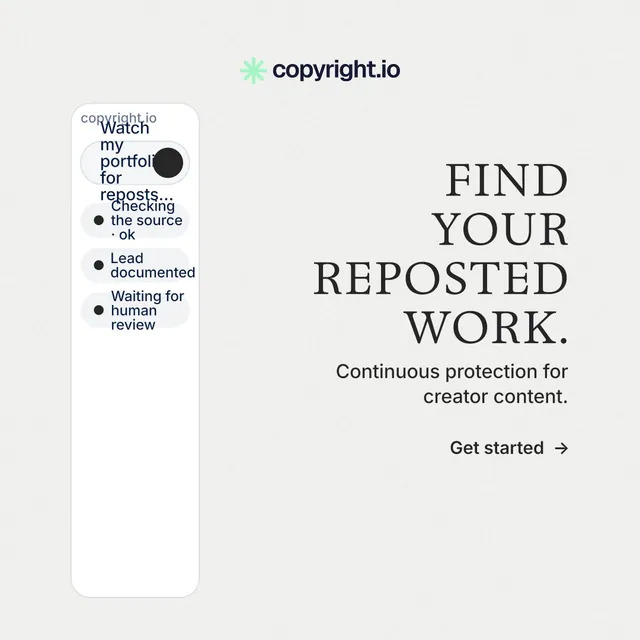 Instagram post for copyright.io: "Find your reposted work." Minimal luxury style, right layout, light palette in white.