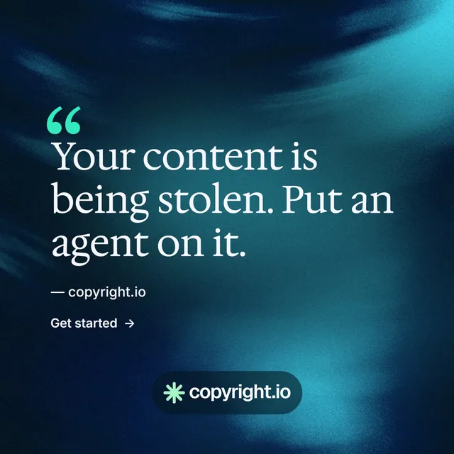 Instagram post for copyright.io: "Protect your work." Minimal luxury style, quote layout, dark palette in blue, black, teal.
