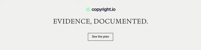 LinkedIn banner for copyright.io: "Evidence, documented." Editorial style, centred layout, light palette in white.
