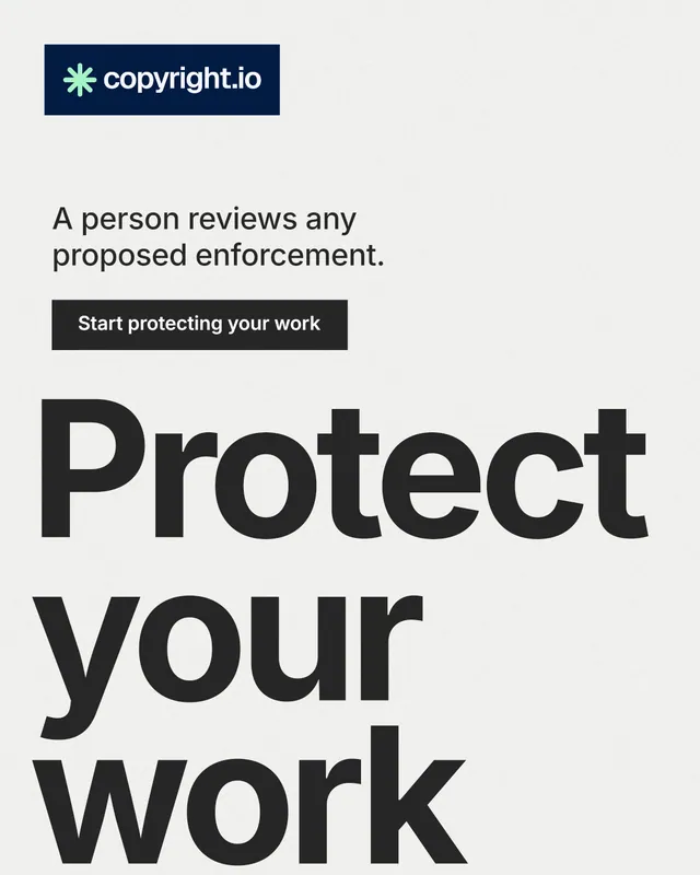 Instagram portrait post for copyright.io: "Protect your work." Swiss style, oversized layout, light palette in white, grey.