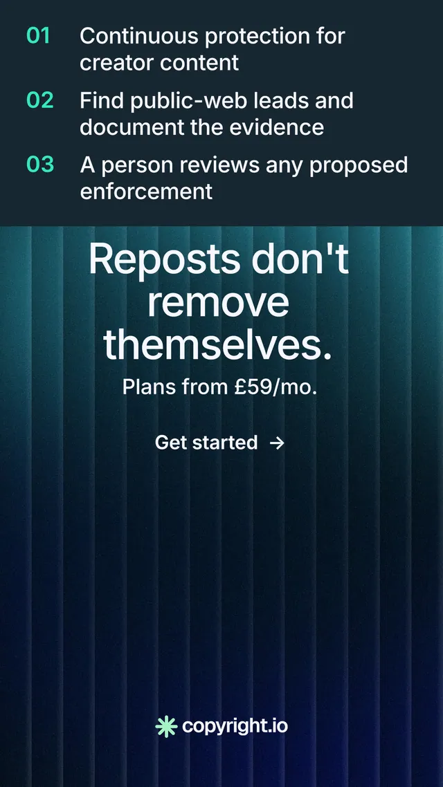 Instagram story for copyright.io: "Reposts don't remove themselves." Minimal luxury style, skeleton layout, dark palette in blue, black.