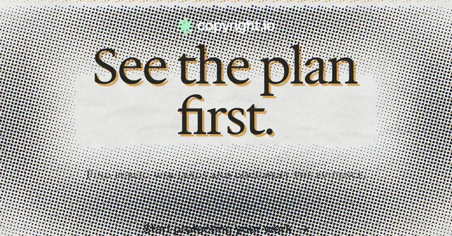 Social ad for copyright.io: "See the plan first." Swiss style, smallcaps layout, light palette in grey, white.