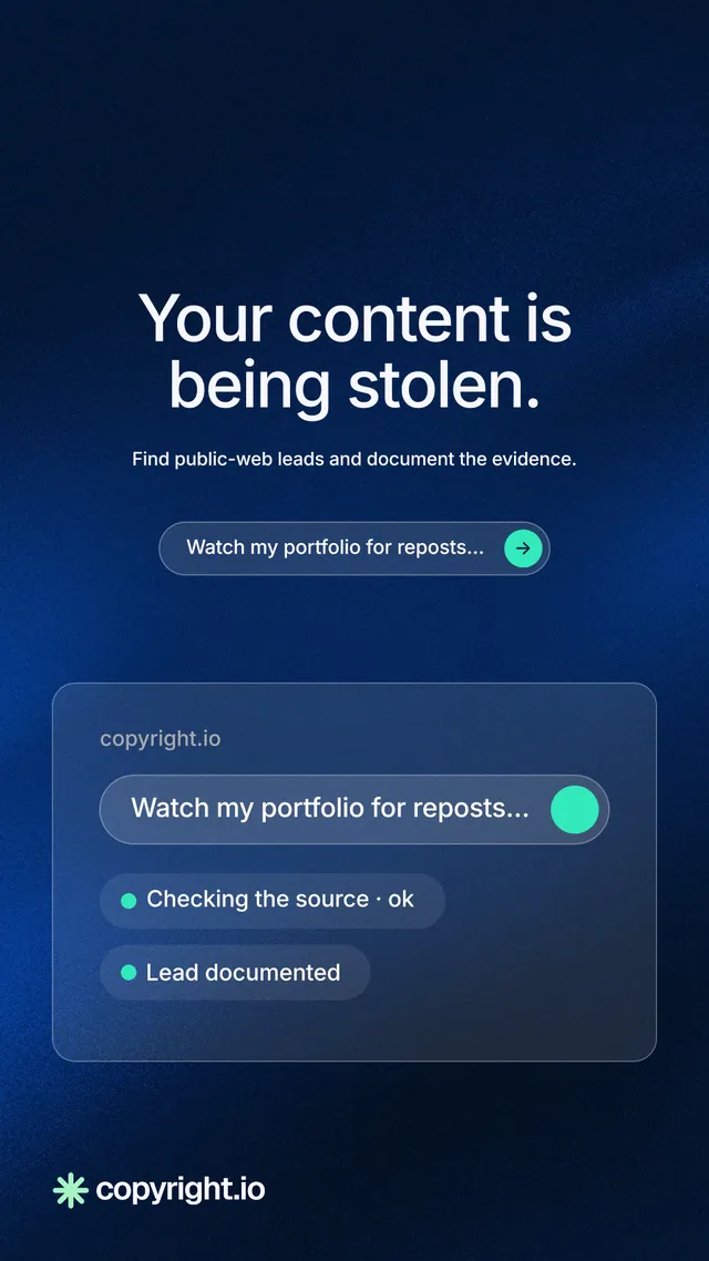 Instagram story for copyright.io: "Your content is being stolen." Agentic glass style, centred layout, dark palette in blue, black.