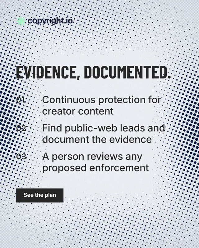 Instagram portrait post for copyright.io: "Evidence, documented." Retro print style, numbered layout, light palette in white, blue, grey.