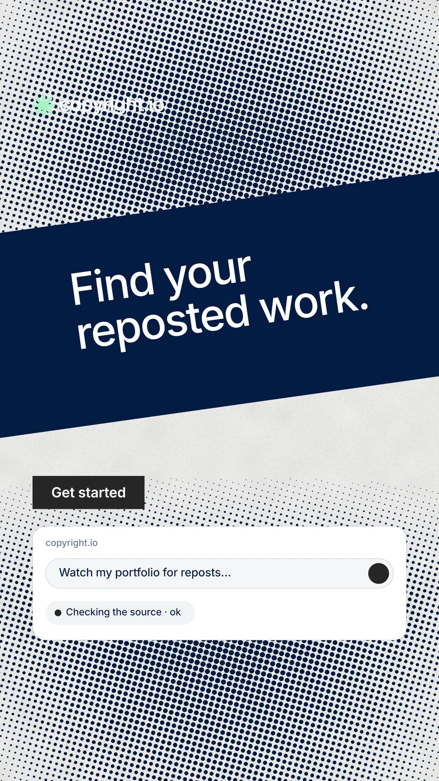 Instagram story for copyright.io: "Find your reposted work." Swiss style, diagonal layout, light palette in grey, blue, white.