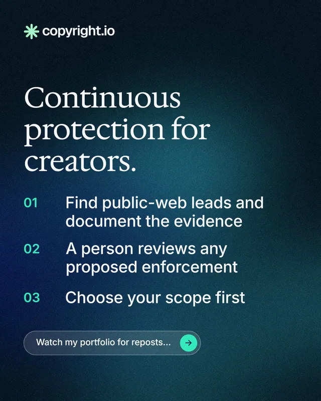 Instagram portrait post for copyright.io: "Continuous protection for creators." Agentic glass style, numbered layout, dark palette in blue, black.