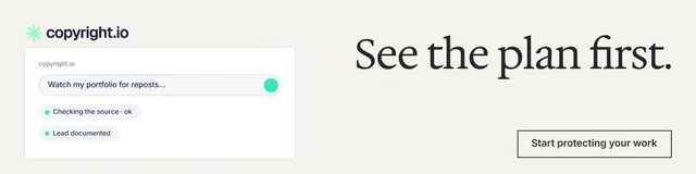 LinkedIn banner for copyright.io: "See the plan first." Editorial style, right layout, light palette in white, grey.