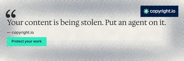 X header for copyright.io: "Evidence, documented." Retro print style, quote layout, light palette in grey, green, yellow.