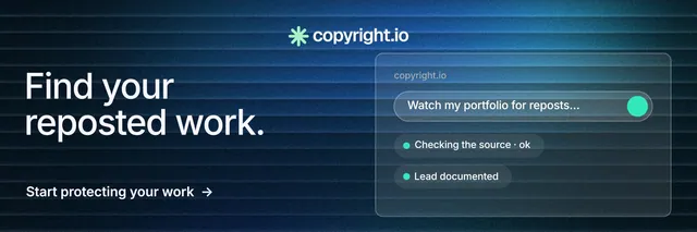 X header for copyright.io: "Find your reposted work." Minimal luxury style, bottom layout, dark palette in black, blue.