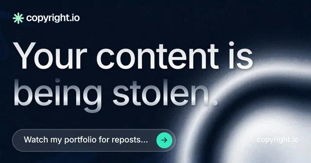 Social ad for copyright.io: "Your content is being stolen." Agentic glass style, poster layout, dark palette in black, grey, blue.