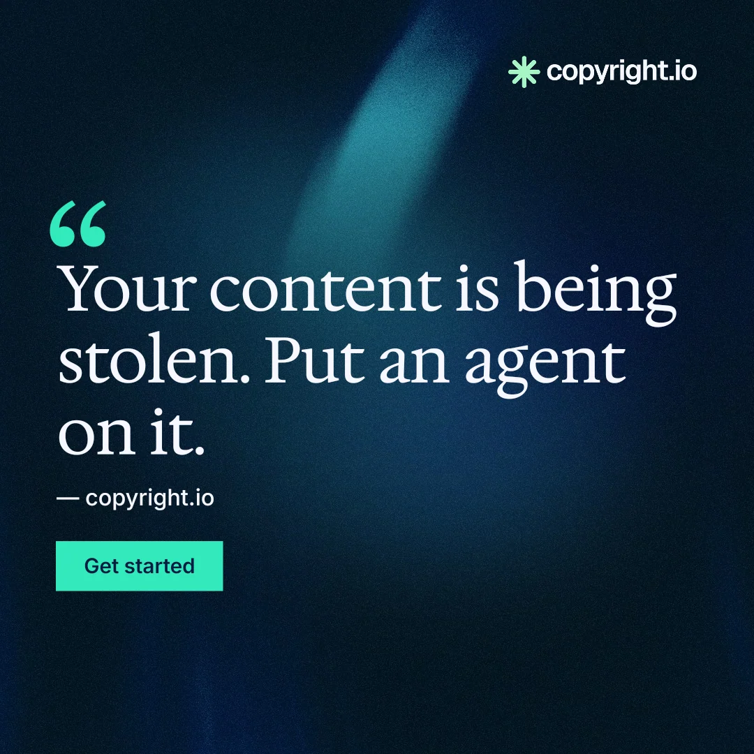 Instagram post for copyright.io: "Find your reposted work." Swiss style, quote layout, dark palette in blue, black.