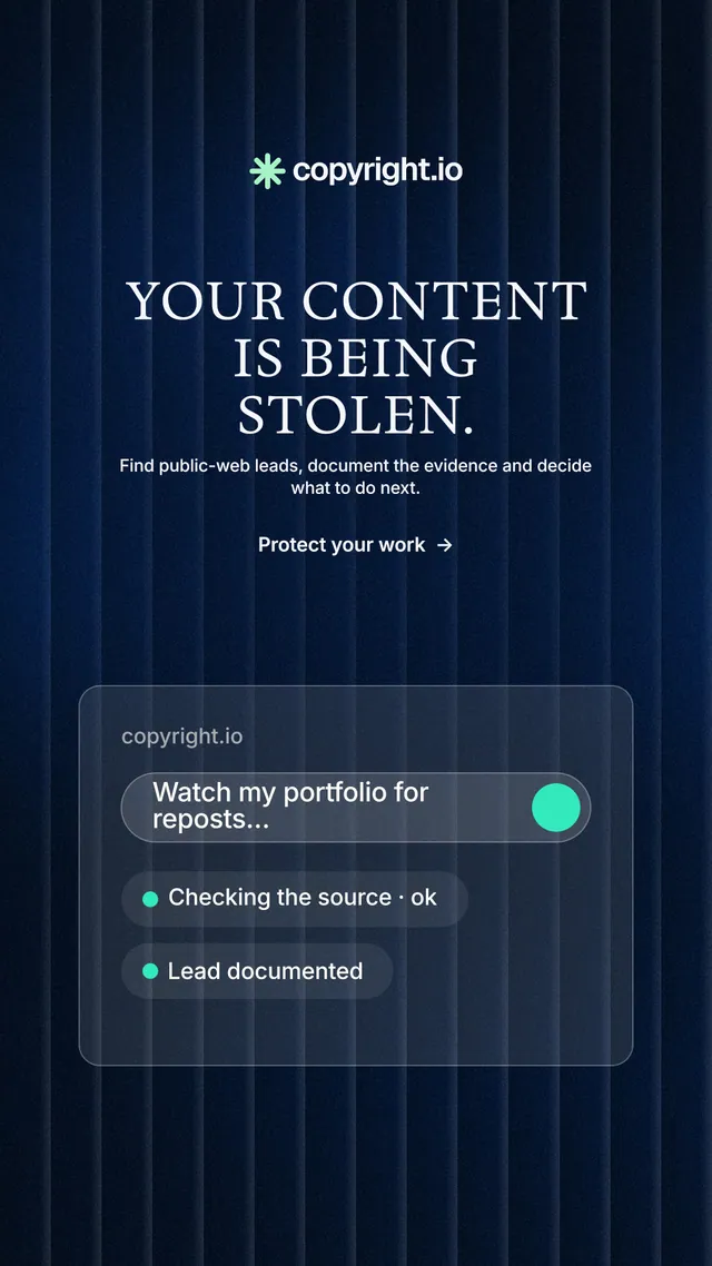 Instagram story for copyright.io: "Your content is being stolen." Minimal luxury style, centred layout, dark palette in black, blue.