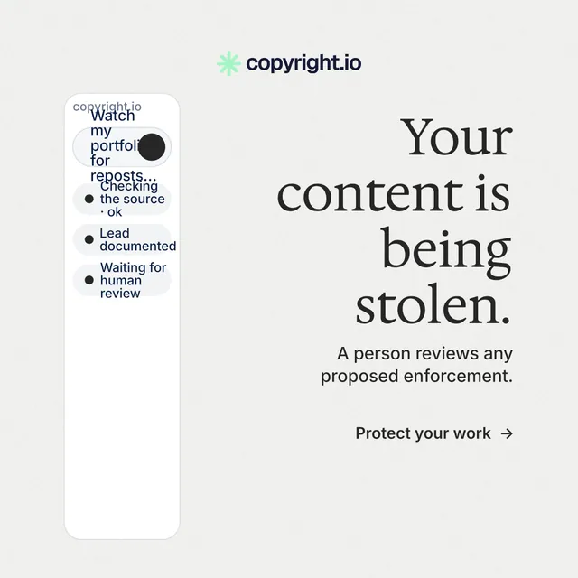 Instagram post for copyright.io: "Your content is being stolen." Minimal luxury style, right layout, light palette in white.
