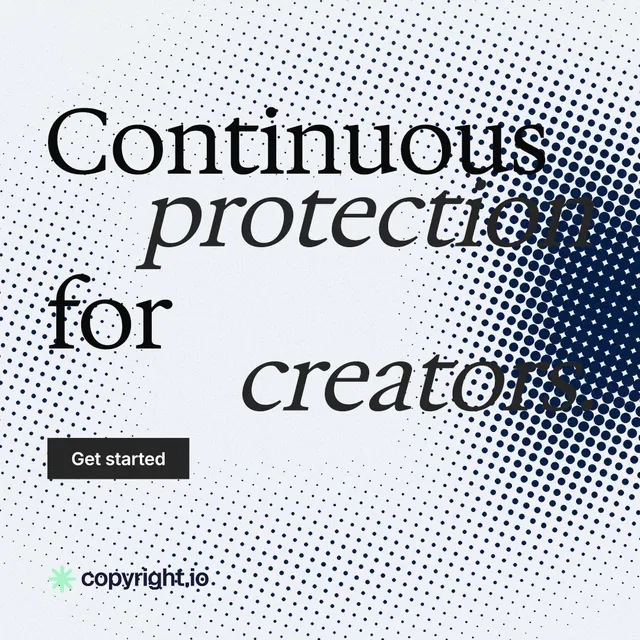 Instagram post for copyright.io: "Continuous protection for creators." Split block style, stacked layout, light palette in blue, white, grey.
