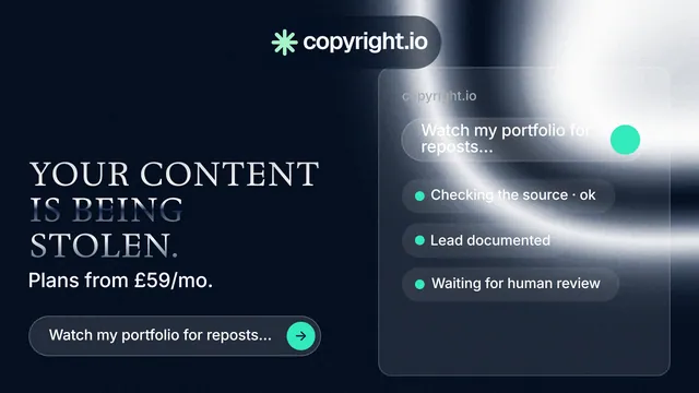 Landscape graphic for copyright.io: "Your content is being stolen." Agentic glass style, bottom layout, dark palette in black, blue, grey.