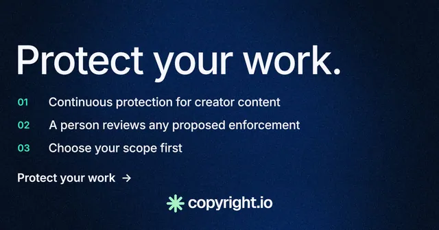Social ad for copyright.io: "Protect your work." Minimal luxury style, numbered layout, dark palette in black, blue, grey.