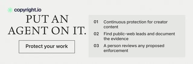 X header for copyright.io: "Put an agent on it." Editorial style, skeleton layout, light palette in white, grey.