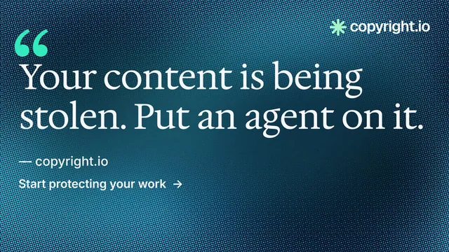 Landscape graphic for copyright.io: "Find your reposted work." Minimal luxury style, quote layout, dark palette in blue.