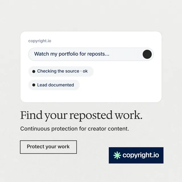 Instagram post for copyright.io: "Find your reposted work." Editorial style, bottom layout, light palette in white, grey.
