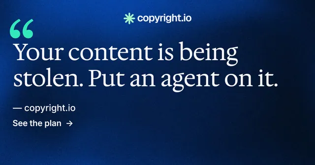 Social ad for copyright.io: "Your content is being stolen." Minimal luxury style, quote layout, dark palette in blue, black.