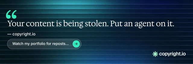 X header for copyright.io: "Protect your work." Agentic glass style, quote layout, dark palette in blue, black.